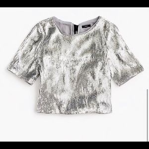 J. Crew Silver Sequin Short-Sleeve Cropped Top